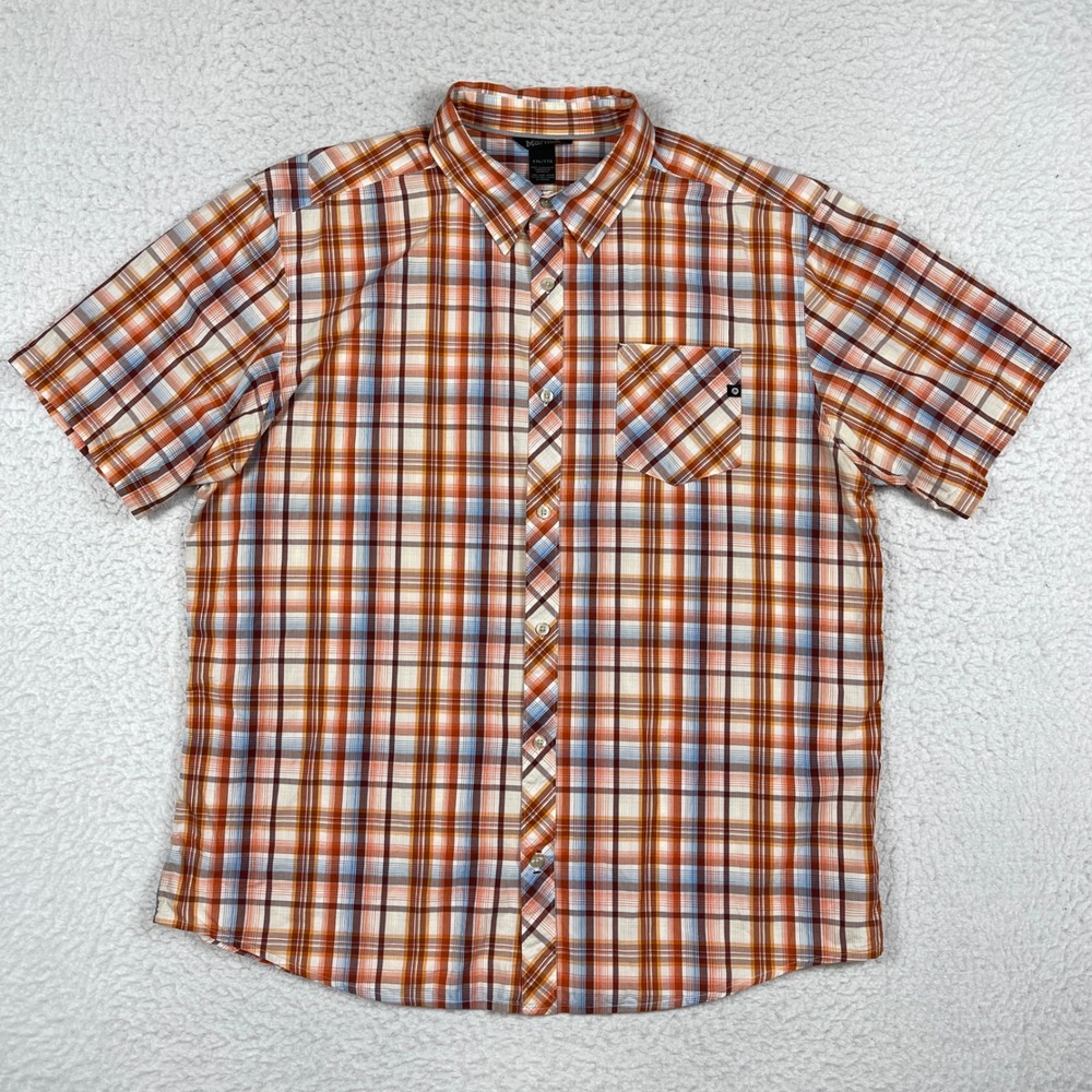 Marmot Button Down Shirt Men XXL Orange Plaid Organic Cotton Short Sleeve Z64980